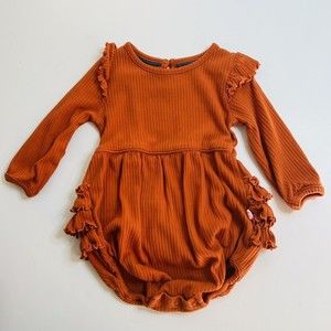 Ruffle Butts Knit Long Sleeve Flutter Bubble Romper Ribbed Rust Orange 12-18 M